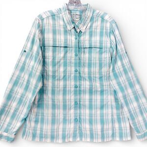 L.L.Bean Women’s Plaid Button Up Shirt L Aqua Blue Hiking Outdoor Roll Tab
